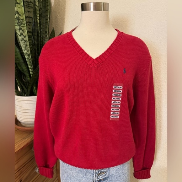 Vintage Ralph Lauren Sport Red‎ Cotton Knit V-Neck Sweater Classic Preppy M NWT - Picture 1 of 8